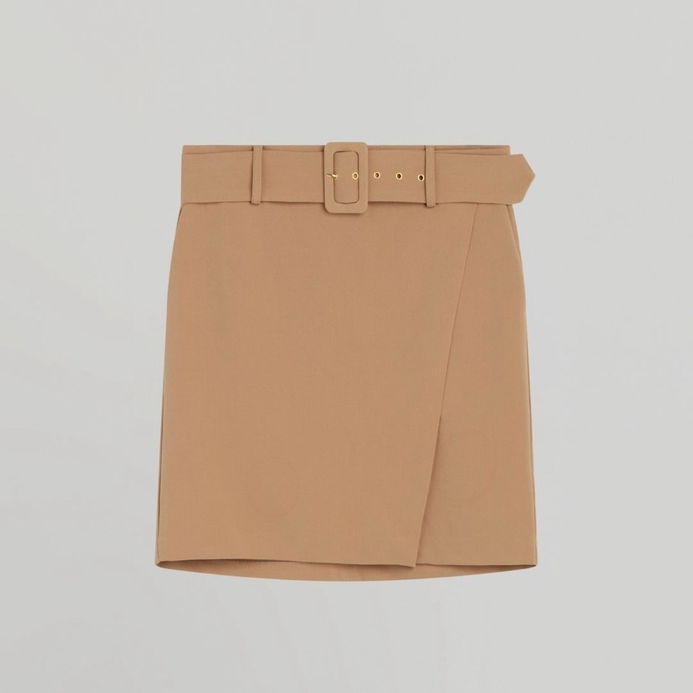 NEW, Ellen Tracy, Camel, Faux Wrap Skirt Buckle Belt Pockets, Large